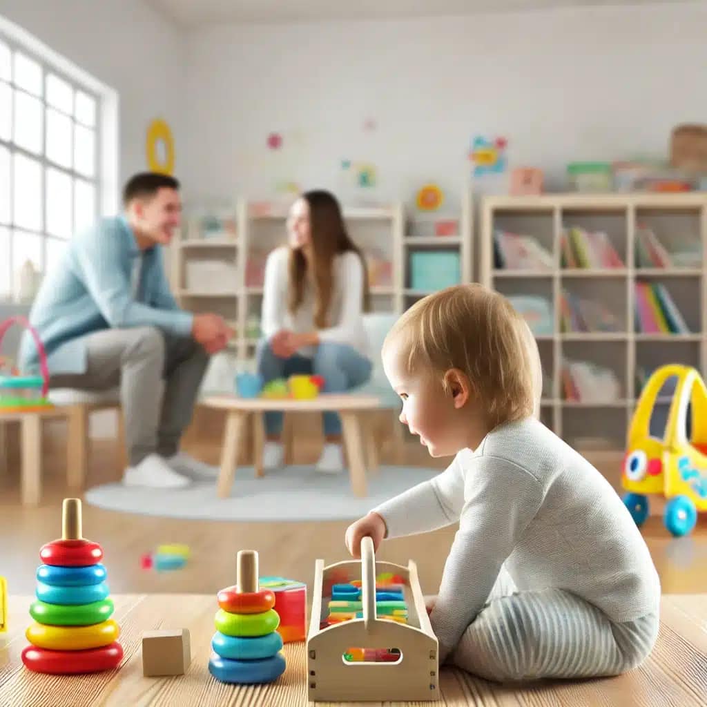Comment bien choisir son assistante maternelle ? Un enfant joue avec des jouets dans un espace chaleureux et sécurisé, tandis que ses parents discutent avec une assistante maternelle dans le fond.