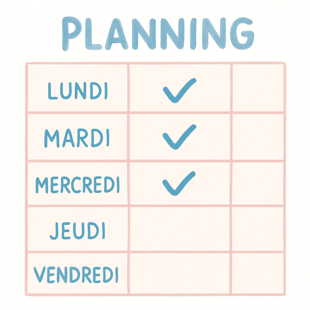 Illustration d’un planning hebdomadaire d’adaptation chez l’assistante maternelle, avec cases cochées les lundi, mardi et mercredi.