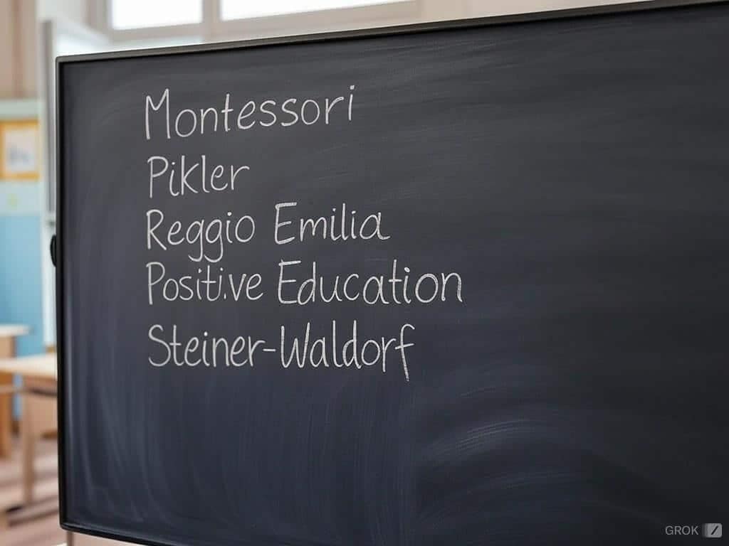 comparatif des méthodes éducatives. Une image représentant un tableau noir dans une salle de classe avec les noms des pédagogies éducatives écrits à la craie : Montessori, Pikler, Reggio Emilia, Éducation positive et Steiner-Waldorf.