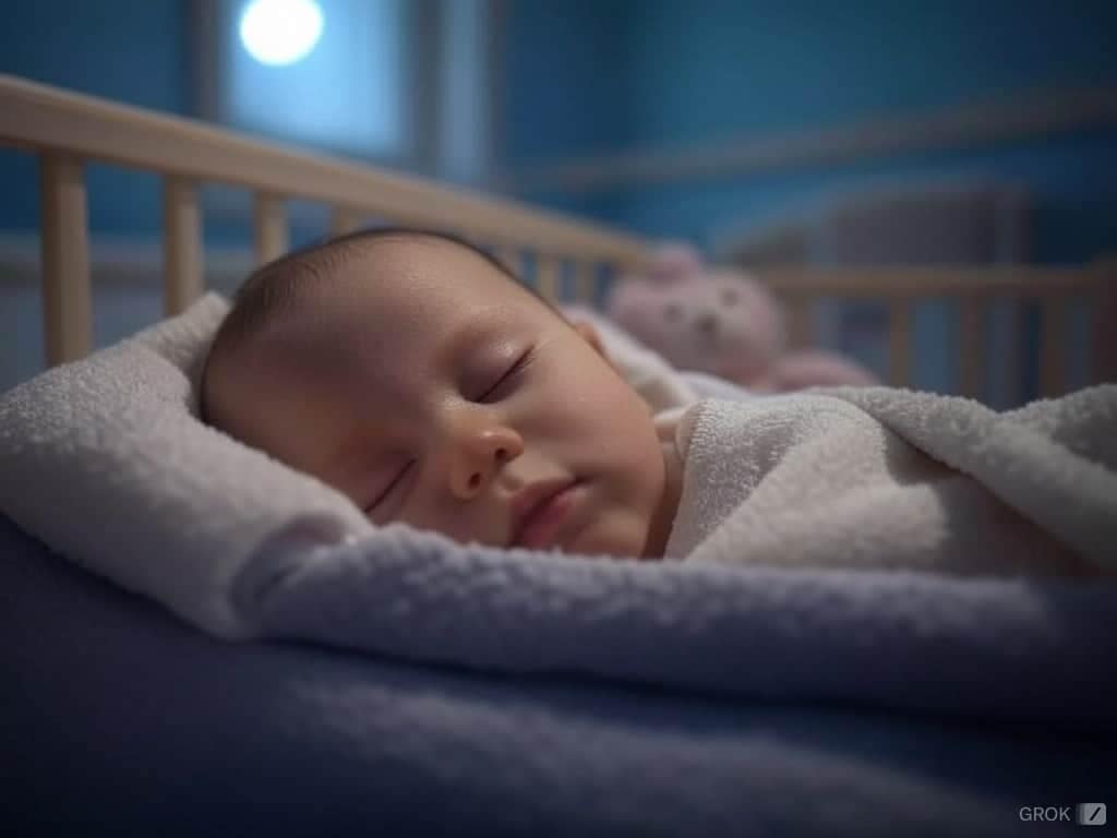 Le sommeil des enfants . Un bébé dort paisiblement dans son lit en bois, enveloppé dans une couverture douce et blanche, dans une chambre au décor apaisant. L’arrière-plan montre un ours en peluche et une lumière tamisée. Parfait exemple d’un environnement propice au sommeil de bébé.