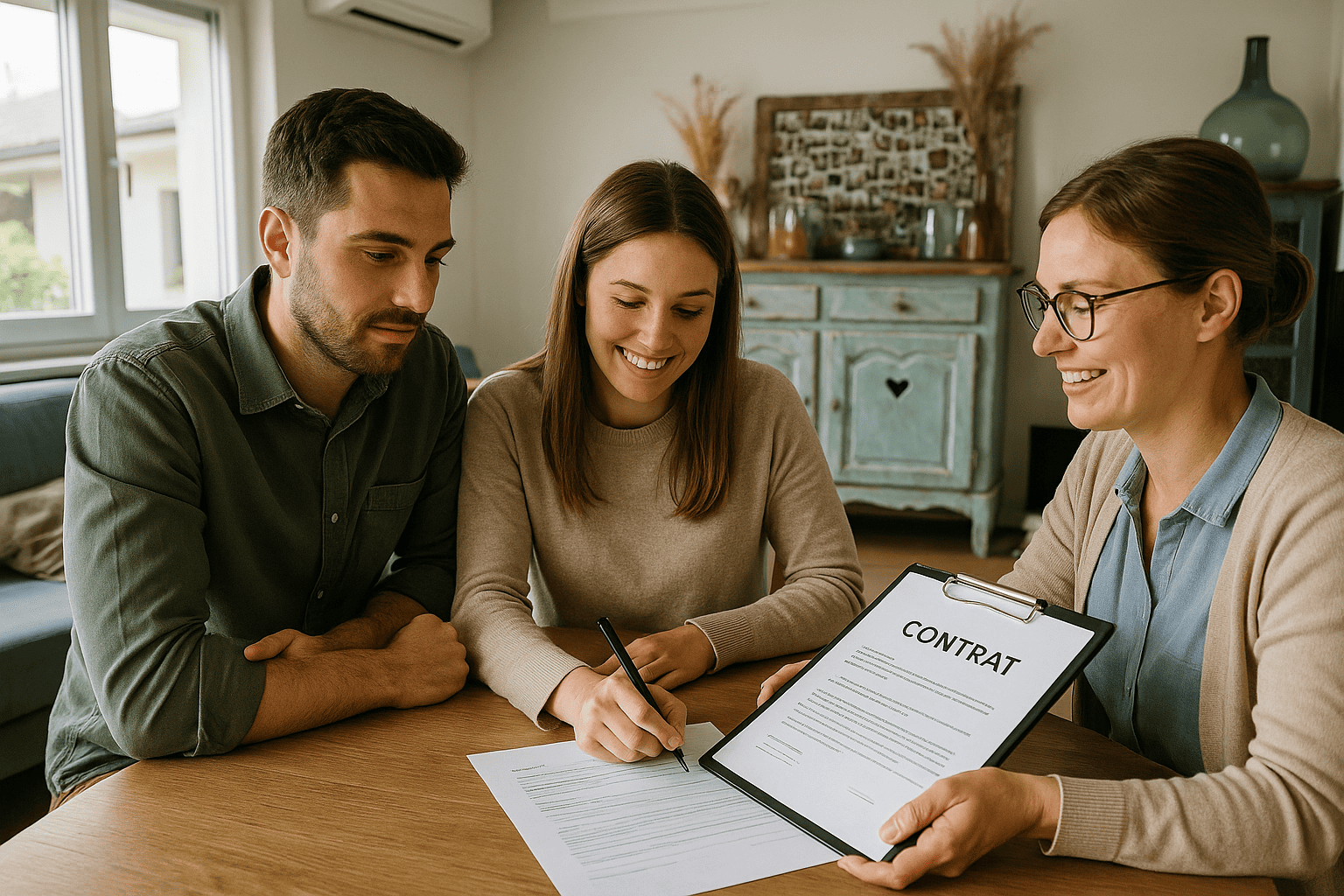 Parents signant un contrat d’accueil avec une assistante maternelle, représentant les démarches administratives et légales.