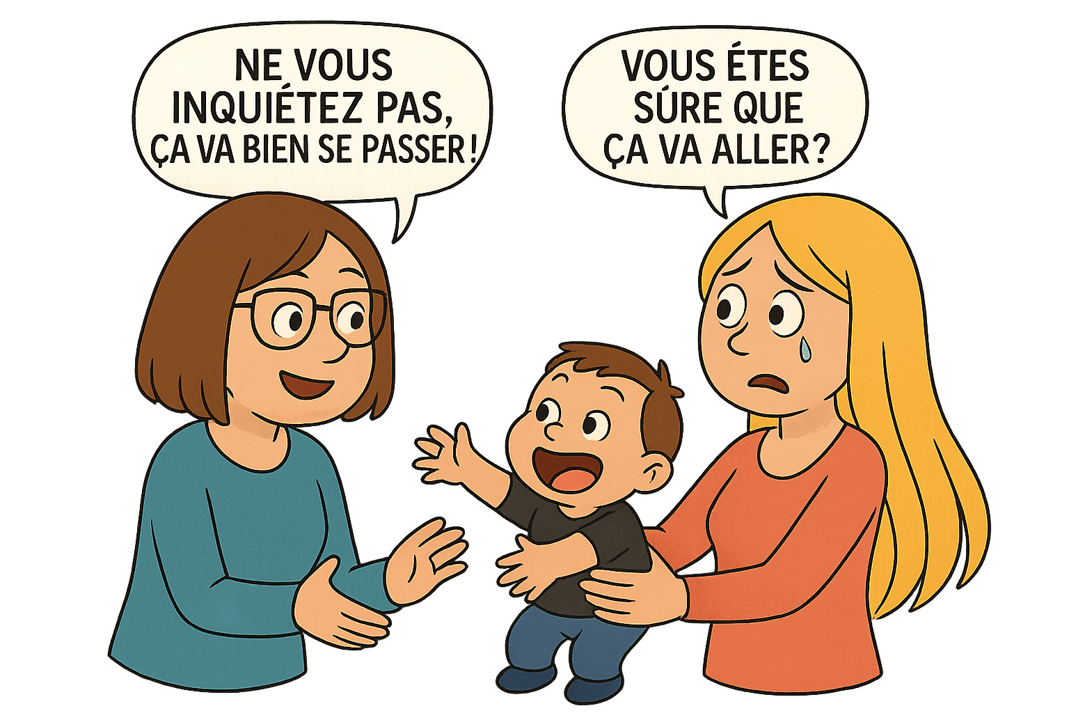 Illustration d’une assistante maternelle rassurant un parent inquiet lors de la séparation, pendant l’adaptation d’un enfant.