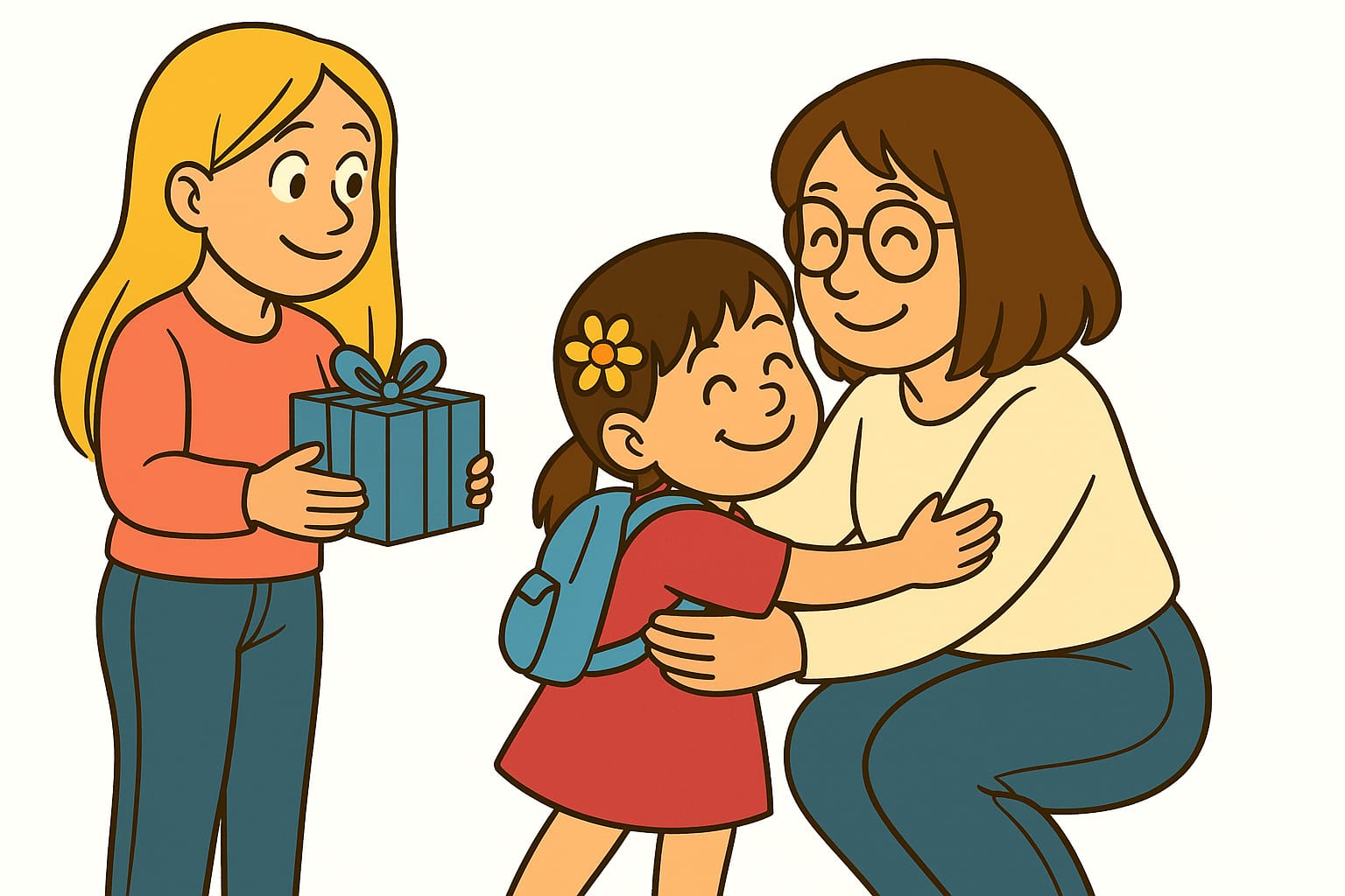 Illustration d’une assistante maternelle recevant un câlin et un cadeau d’adieu d’un enfant et de son parent