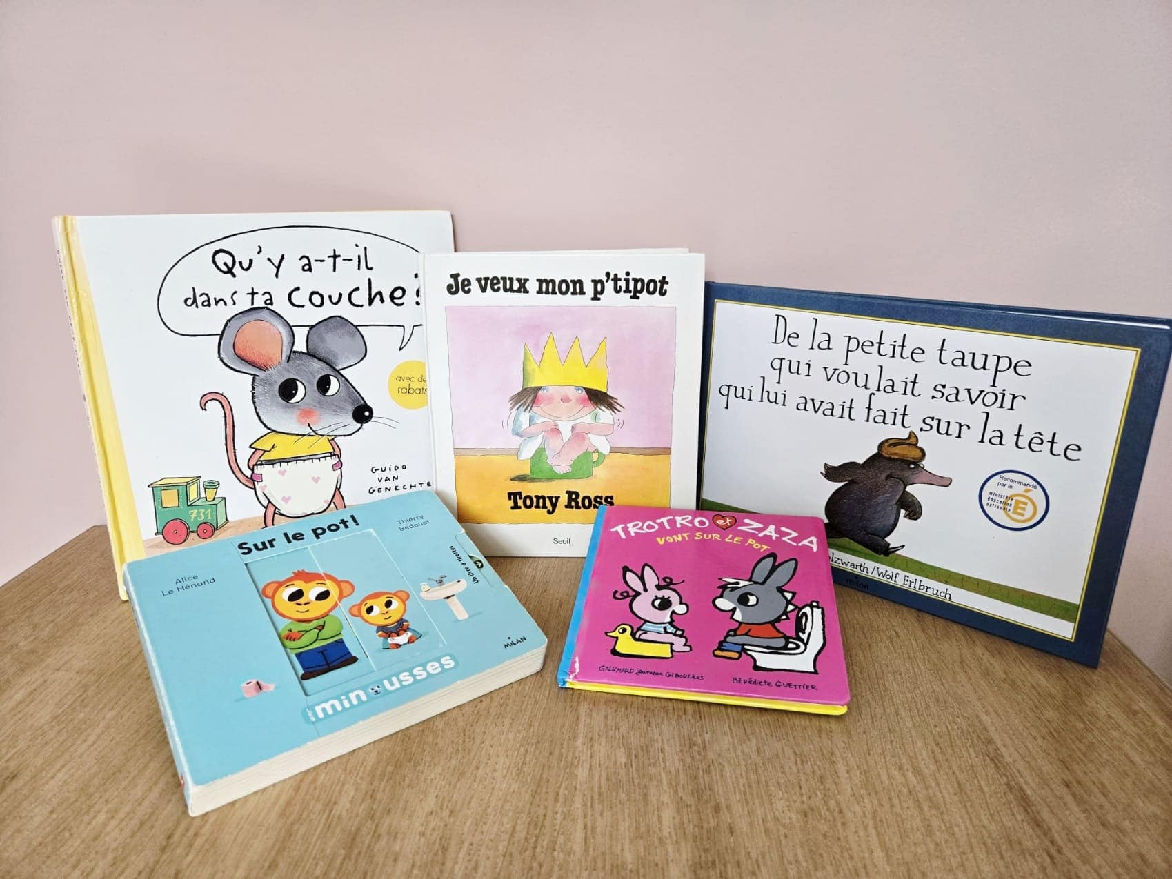 Photo de cinq albums jeunesse sur l’acquisition de la propreté : "Qu’y a-t-il dans ta couche ?", "Je veux mon p’tipot", "De la petite taupe qui voulait savoir", "Sur le pot !" et "Trotro et Zaza vont sur le pot".