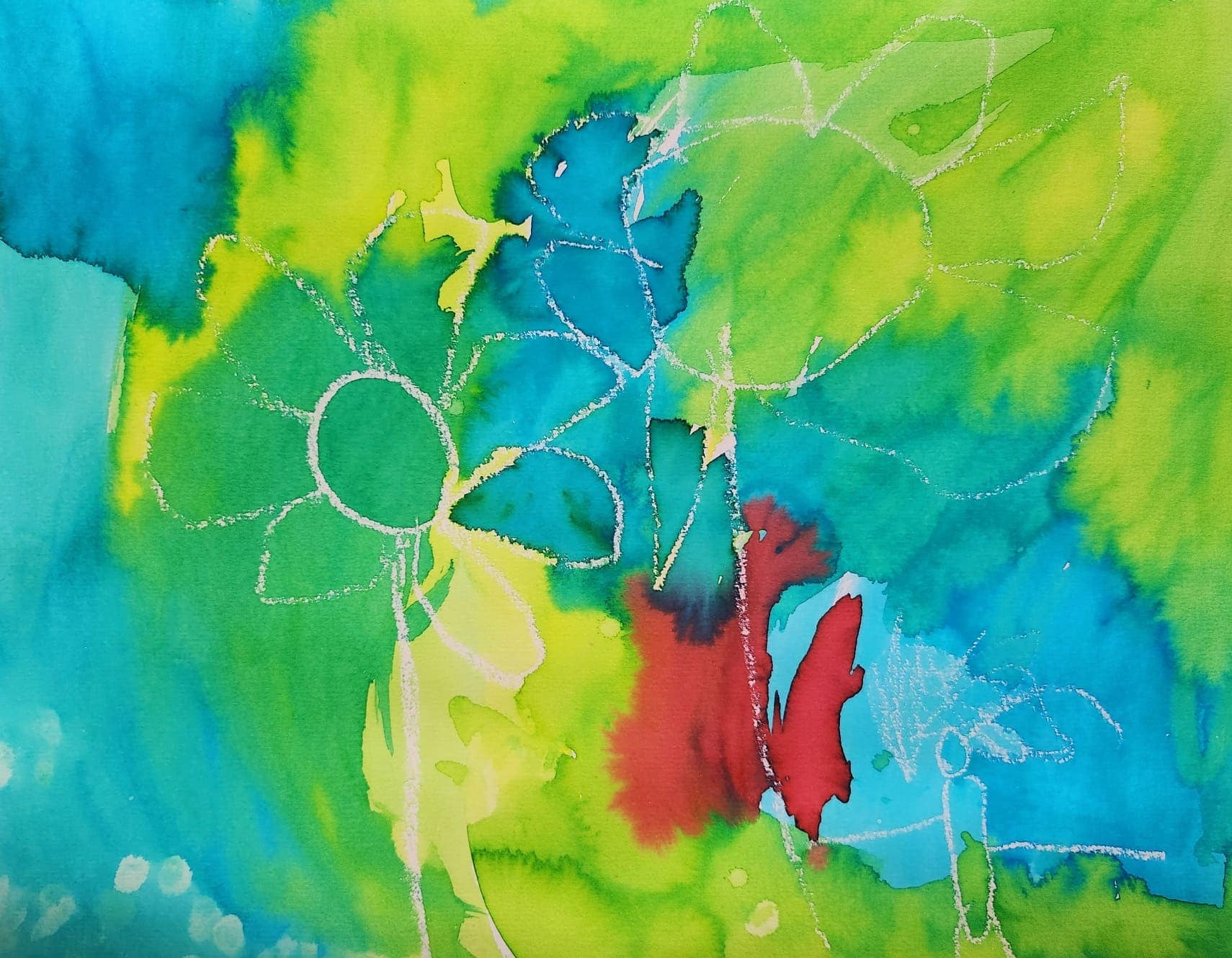 Peinture colorée représentant des fleurs réalisées avec la technique de la craie grasse et de l'encre