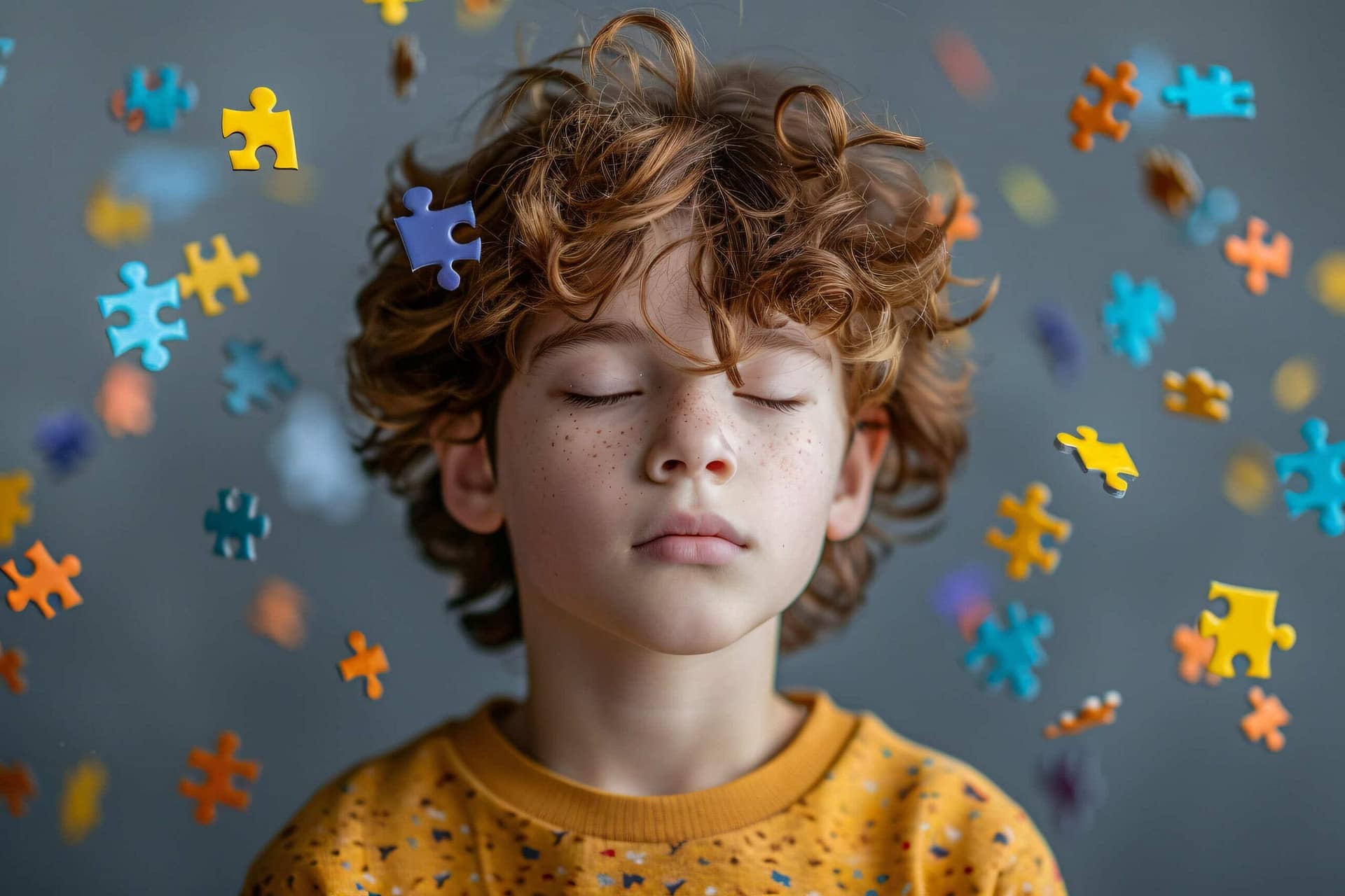 Adolescent concentré, yeux fermés, avec des pièces de puzzle flottantes représentant le développement du cerveau et les neurosciences.