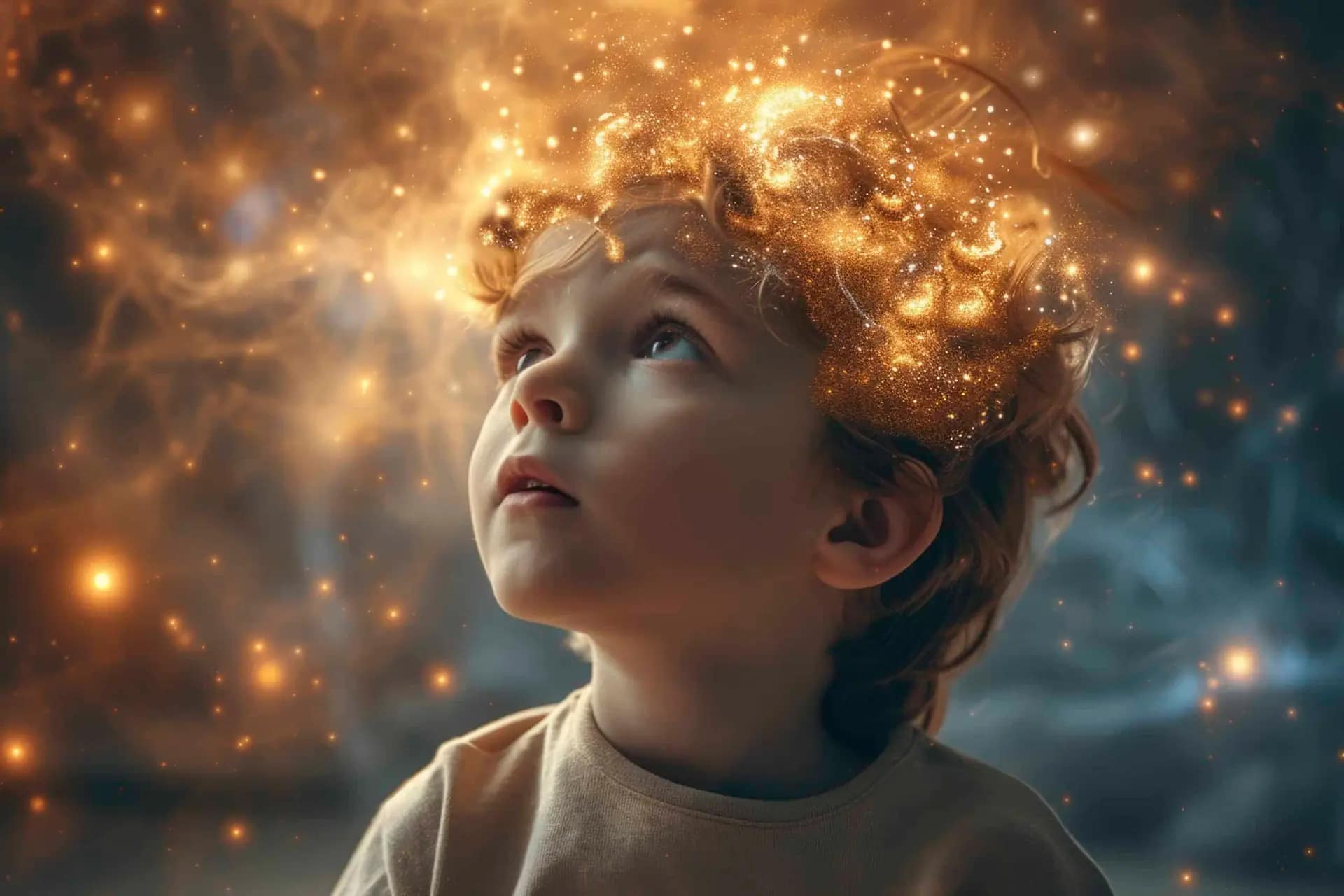 Un jeune enfant regarde vers le haut, entouré d’un effet lumineux doré symbolisant l’activité cérébrale et les connexions neuronales en pleine expansion.