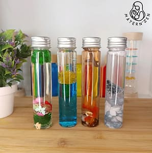 Bouteilles sensorielles 4 saisons – flacons liquides faits main inspirés Montessori pour retour au calme