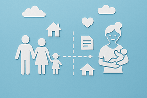 Illustration contrat de travail entre parents et assistante maternelle, symbolisant l’accord d’accueil de l’enfant et les démarches administratives.