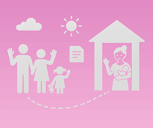Illustration symbolisant la fin de contrat avec une assistante maternelle : parents et enfant faisant un signe d’au revoir devant la maison d’accueil.