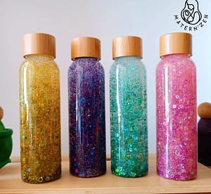 Bouteilles sensorielles paillettes fait main – liquide coloré et brillance pour éveil visuel des enfants