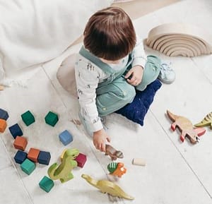 Jeu libre : un enfant s'amusant avec des dinosaures en bois et des blocs colorés, assis sur un coussin dans un environnement lumineux.