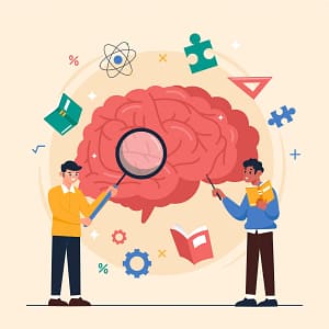 Illustration du cerveau et de l'apprentissage avec des éléments éducatifs, symbolisant les neurosciences et la formation.