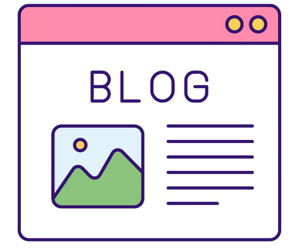 Icône illustrée d’une page web avec le mot BLOG, une image et du texte stylisé.