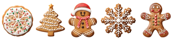 Une sélection de sablés de Noël décorés avec glaçage coloré, représentant un sapin, un bonhomme de pain d’épices, un flocon de neige et des motifs festifs.