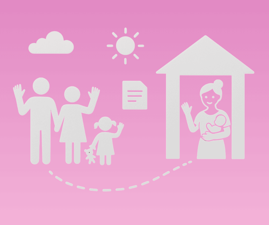 Illustration symbolisant la fin de contrat avec une assistante maternelle : parents et enfant faisant un signe d’au revoir devant la maison d’accueil.