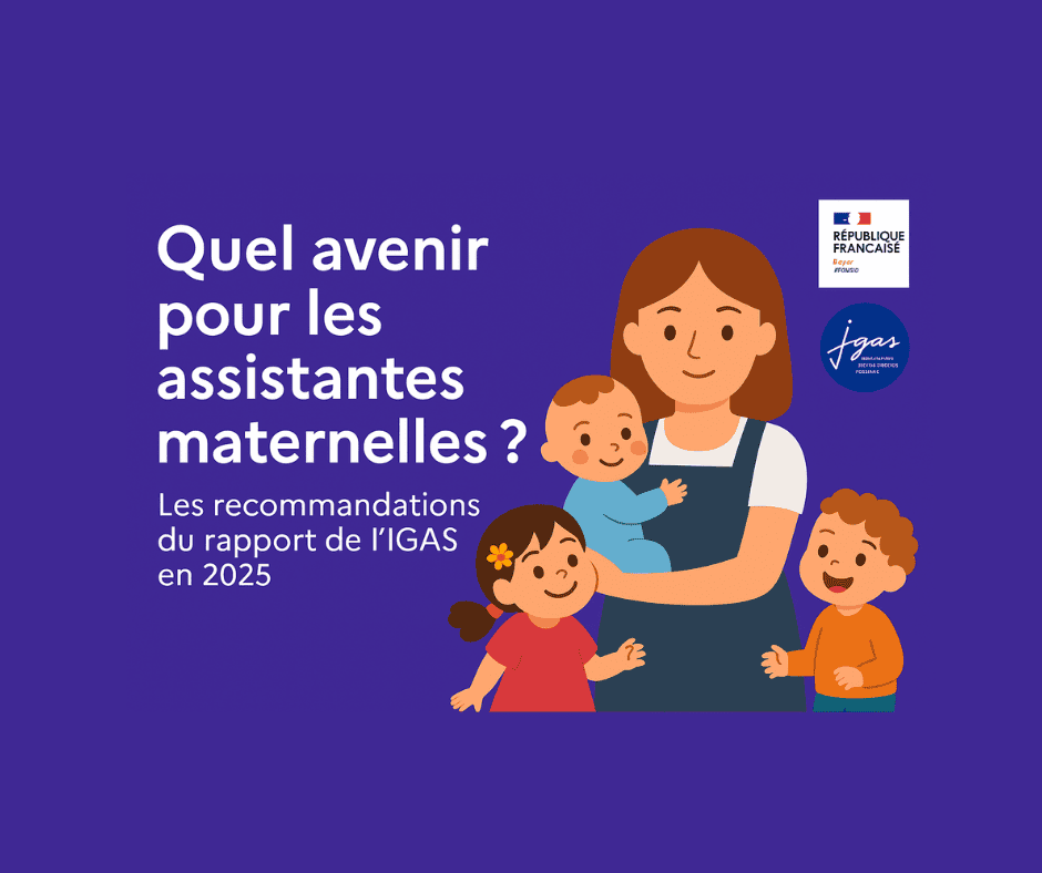 Illustration d’une assistante maternelle entourée de trois enfants – Rapport IGAS 2025 et avenir du métier